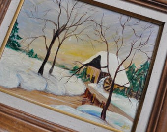 Rustic Snowy Winter Scene Painting/Vintage 1950s/Country Cabin Folk Art Landscape/Cozy Lodge Acrylic on Canvas Panel