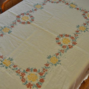 Vintage Yellow Linen Tablecloth: Hand Embroidered Florals, Easter Table Cloth - 56 x 72