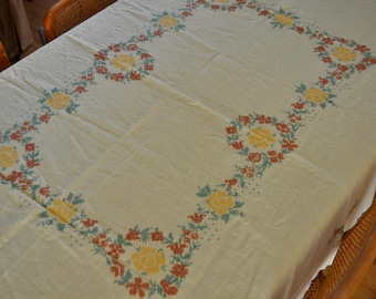 Vintage Yellow Linen Tablecloth: Hand Embroidered Florals, Easter Table Cloth - 56 x 72