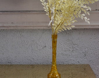 Antique Etched Blown Glass Bud Vase/Romantic Edwardian Long Neck Vase/W Sparkly Cream Leaf Bouquet
