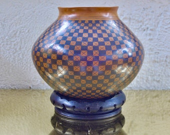 Vintage Olga Quezada Black Checkered Narrow Neck Bowl/Mata Ortiz Mexican Pottery Folk Art/Hand Thrown Hand Painted Pot