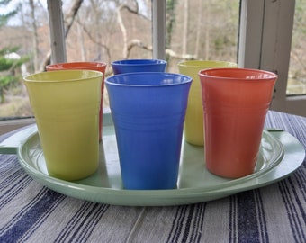 Set of Six Vintage Pastel Anchor Hocking Colored Milk Glass Tumblers on A Green Melamine Tray/Colorful Rainbow Iced Tea Glasses