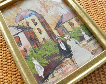 Vintage Small Oil Painting of Summer Promenade/Impressionist Townscape in Warm Colors/French Decor/Living Room Wall Decor