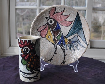 Rooster Decorated Vintage Sanguino Toledo Pottery/Hand Painted Majolica Bowl and Vase/Colorful Picasso-Esque Rustic Modern Decor