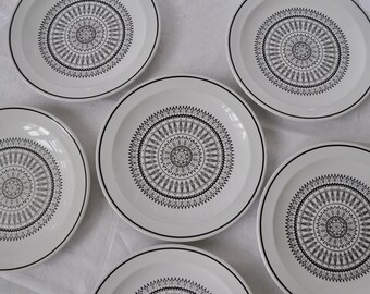 Platos de postre Corning Centura Graffia, juego de 6, estilo vintage de los años 60, blanco y negro, vidrio templado.