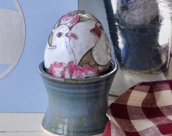 Cloisonne Egg & Egg Holder/Dove Ornament/Vintage Swedish Blue Pottery Egg