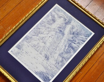 Mystical Mountain Vintage Etching Titled “Omnipresence/Signed Numbered Print/Blue and White Visionary Wall Art in Gold Frame