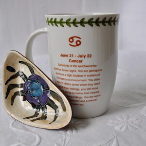 Vintage Botanischer Garten Juli Horoskop China Mug / W Vtg Leder gesichert Keramik Krabbe Teebeutelhalter Dish / Juli Krebs Horoskop Geburtstag