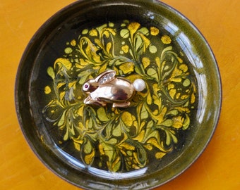 Glowing Green and Gold Vintage Enamel Ring Dish/Modernist Pin Dish Coin Tray