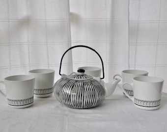 Tazas Corning Centura con diseño Graffia, juego de 6, estilo vintage de los años 60, blanco y negro, vidrio templado: Tetera de porcelana extra blanca y negra