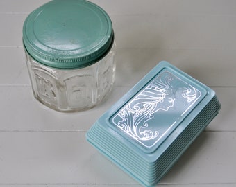 Aqua Blue His & Hers Retro Vintage Bathroom Decor/Estee Lauder Blue Plastic Soap Holder W Art Nouveau Lady/Barbasol Cream Jar w Blue Lid