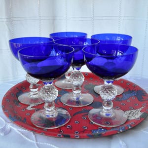 Set of Six Vintage Cobalt Blue Glass Champagne Coupes: Clear Faceted Knob Stems