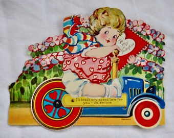 Antique Valentines Day Card/Vintage 1920s/German Mechanical Valentine/Girl in Antique Motor Car/I’ll Break Any Speed Law For You”