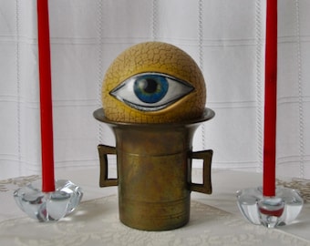 Large Vintage Brass Mortar, Eye Ball Ornament, 2-Piece Set: Dark Academia Decor