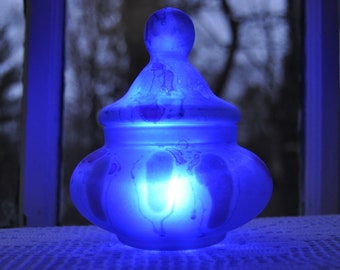 Vintage Al Rama Hand Painted Drippy Rainbow Art Glass Candy Jar/LED Tea Light Patio Light Picnic Light