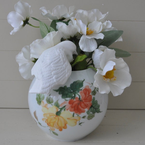 A.K. Kaiser Round Porcelain Flower Vase/Vintage 1970s/Hand Painted "Lauriane" Pattern/w White Bisque Dove/Mothers Day Gift