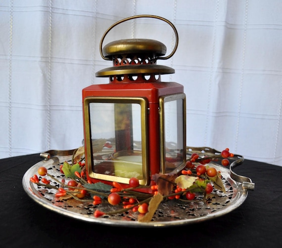 Vintage 1940s Red & Gold Metal Carriage Lantern Oil Lamp