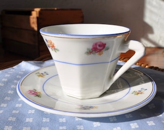 Set of 6 Vintage French China Espresso Cups w Saucers/Floral Octagonal Shape/4 Oz. Demitasse Cups For Espresso or Cappuccino