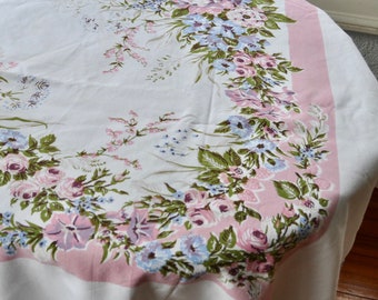 Flowers and Berries Pink Blue Green Vintage Cotton Tablecloth/Mid Century Retro RectangularTablecloth/60" x 70"