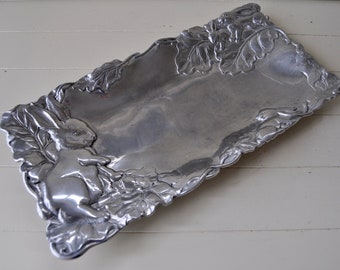 Silver Bunny Cabbage Leaf Decorative Tray/Vintage 1990s/Arthur Court Embossed Serving Platter/Easter Centrepiece Diningroom Kitchen Decor