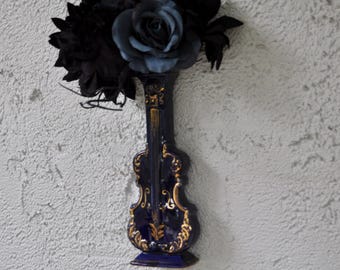 Ceramic Violin Wall Vase, Table Vase, Hollywood Regency, Vintage 1960s: Navy Blue, Gilt Details - Rococo Core Wall Decor
