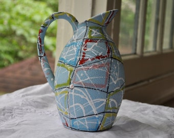 Studio Pottery Pitcher With Rainbow Surface/Light Blue Ceramic Jug With Playful Squiggles/V-Day Sale