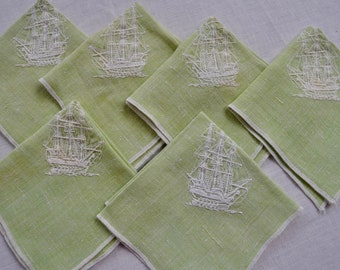 Six Vintage Light Green Linen Napkins Embroidered With Tall Ships/Nautical Table Linens/Gift for Sailor