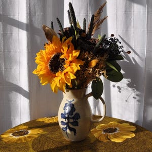Blue Flower Stoneware Pitcher: Folk Art Sponge Wear Vase, Signed Judy Schulze - With Dried and Silk Flower Mushroom Pod Bouquet