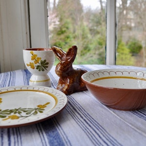 Vintage Stangl Pottery Redware Pottery Breakfast Set for One Person/Golden Blossom/1 Bowl, 1 Plate, 1 Egg Cup/W Bunny Rabbit Figurine image 1