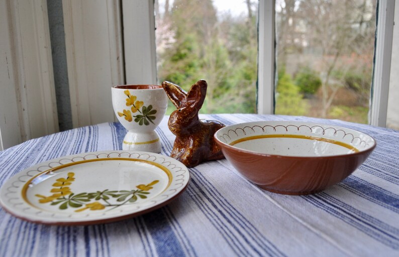 Vintage Stangl Pottery Redware Pottery Breakfast Set for One Person/Golden Blossom/1 Bowl, 1 Plate, 1 Egg Cup/W Bunny Rabbit Figurine image 1