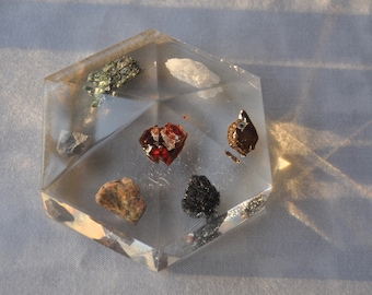 Vintage Lucite Diamond Shaped Paperweight With Mineral/MCM Desk Accessory/Sparkly Rock Collection