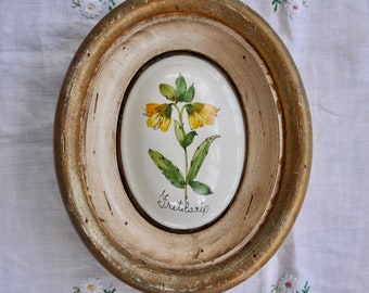 Botanical Wall Decor/Vintage Oval Framed Majolica Pottery Plaque/Fritialaria Yellow Spring Flowers