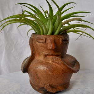 May include: A brown ceramic planter shaped like a stylized human figure, holding a green plant with long, slender leaves. The planter has a textured surface and a detailed face. The plant is a vibrant green, contrasting with the earthy tones of the planter.