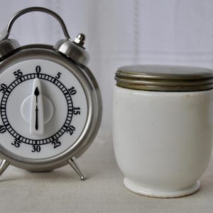 Antique Egg Coddler: White Stoneware Syracuse Pottery Egg Cup W Tin Screw On Lid - Free Old Fashioned Egg Timer