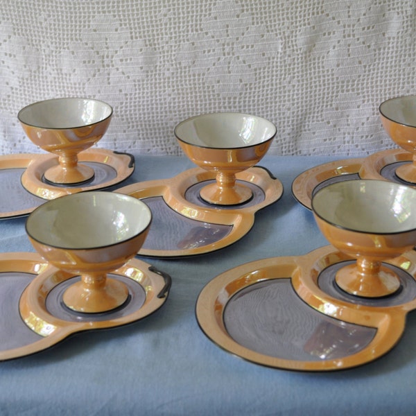 1940s  Vintage Noritake Japanese Lustreware Porcelain Lunch Set 10 Pcs Luncheon Plates and Tea Cups