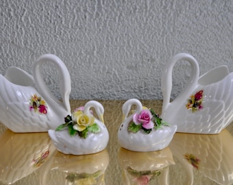 Set of 4 Vintage Bone China Swans for Romance Core Decor/Royal Stewart Irish Flower Vases/Royal Adderley English Salt and Pepper Shakers