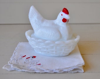 Miniature Milk Glass Hen on A Nest/Vintage 1950s/Westmoreland Milk Glass HON/W Rooster Embroidered Cocktail Napkin/Easter Decor Gift Set