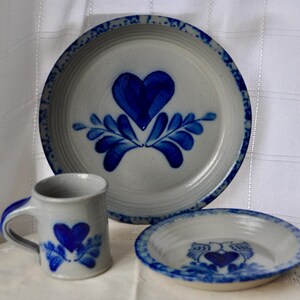 Vintage 1990s Eldreth Pottery Stoneware,  Large Plate, Bowl & Mug, 3 Piece Set: Two Patterns Available, Heart and Doves or Flowers