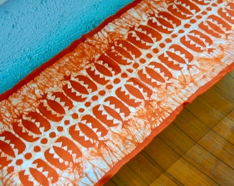 Striking Vintage Batik Table Runner from Madagascar/Orange and White Print Tie Dye/"Lobster Claws"