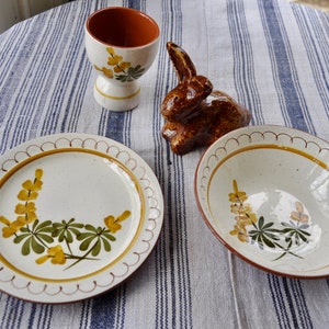Vintage Stangl Pottery Redware Pottery Breakfast Set for One Person/Golden Blossom/1 Bowl, 1 Plate, 1 Egg Cup/W Bunny Rabbit Figurine image 2