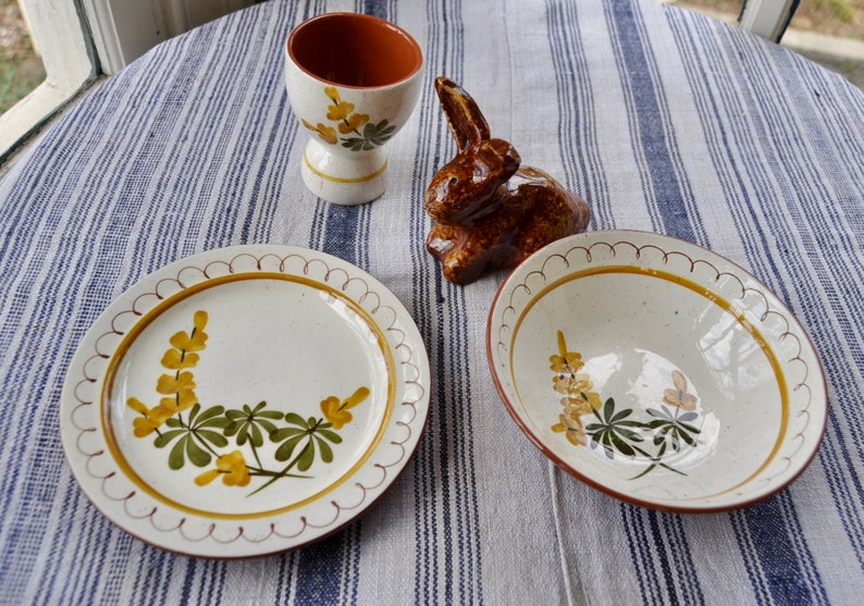 Vintage Stangl Pottery Redware Pottery Breakfast Set for One Person/Golden Blossom/1 Bowl, 1 Plate, 1 Egg Cup/W Bunny Rabbit Figurine image 2