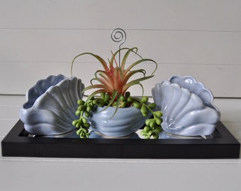 Two Powder Blue Art Deco Niloak Pottery Flower Bowls/Vintage 1940s/Flower Frog Vases/Frogs Included