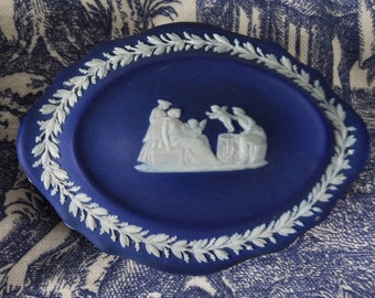 Antique Wedgwood Jasperware Trinket Box/Vintage 1910s - 1920s Cobalt Blue Ring Box/Presentation Box W Classical Greek Cupids