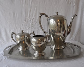 Colonial Revival Pewter Tea Set/Vintage 1940s/Poole Pewter Coffee Pot Creamer and Sugar With Tray/Monogrammed With the Letter H