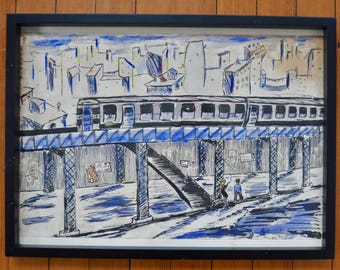 1960s NYC Elevated Train Watercolor Painting: Outsider Art Cityscape Myles '60