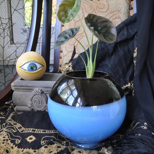 Blue Orb Bowl, Vase or Planter. Vintage Hand Blown Signed Columbia Glassworks. Art Glass Rose Bowl