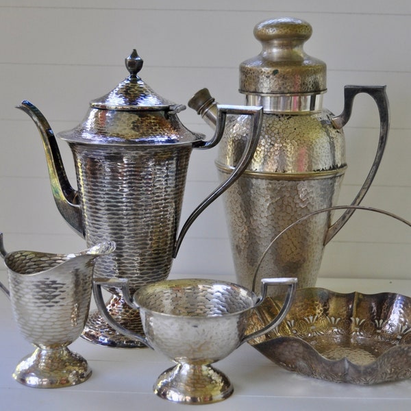 Vintage 1920s Apollo Skyscraper EPNS Martini Pitcher W Tray/W Rogers EPNS Coffee Pot, Creamer & Sugar/Art Deco Hand Beaten Dimpled Silver