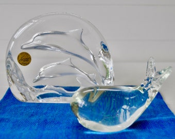 Ocean Lover Gift/Two Vintage Crystal Sea Life Figurines/Vintage Dolphin Cristal d'Arques Paperweight/Happy Little Whale Figurine