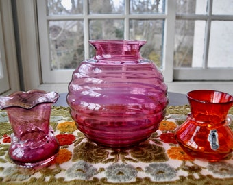 Three Vintage Pilgrim Glass Hand Blown Vases/Large Cranberry Glass Rose Bowl/2 Lampwork Bud Vases/Pink Orange Flower Vases