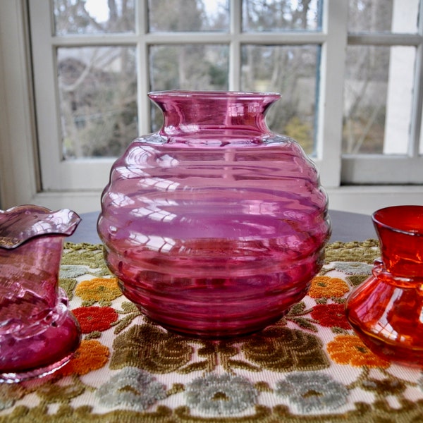 Three Vintage Pilgrim Glass Hand Blown Vases/Large Cranberry Glass Rose Bowl/2 Lampwork Bud Vases/Pink Orange Flower Vases